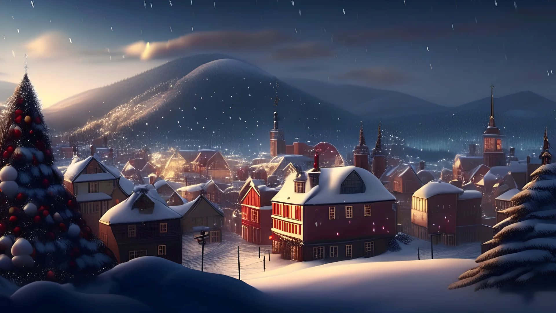 Cozy Snowy Christmas Village, snowy village, dusk, Full HD Desktop Wallpaper