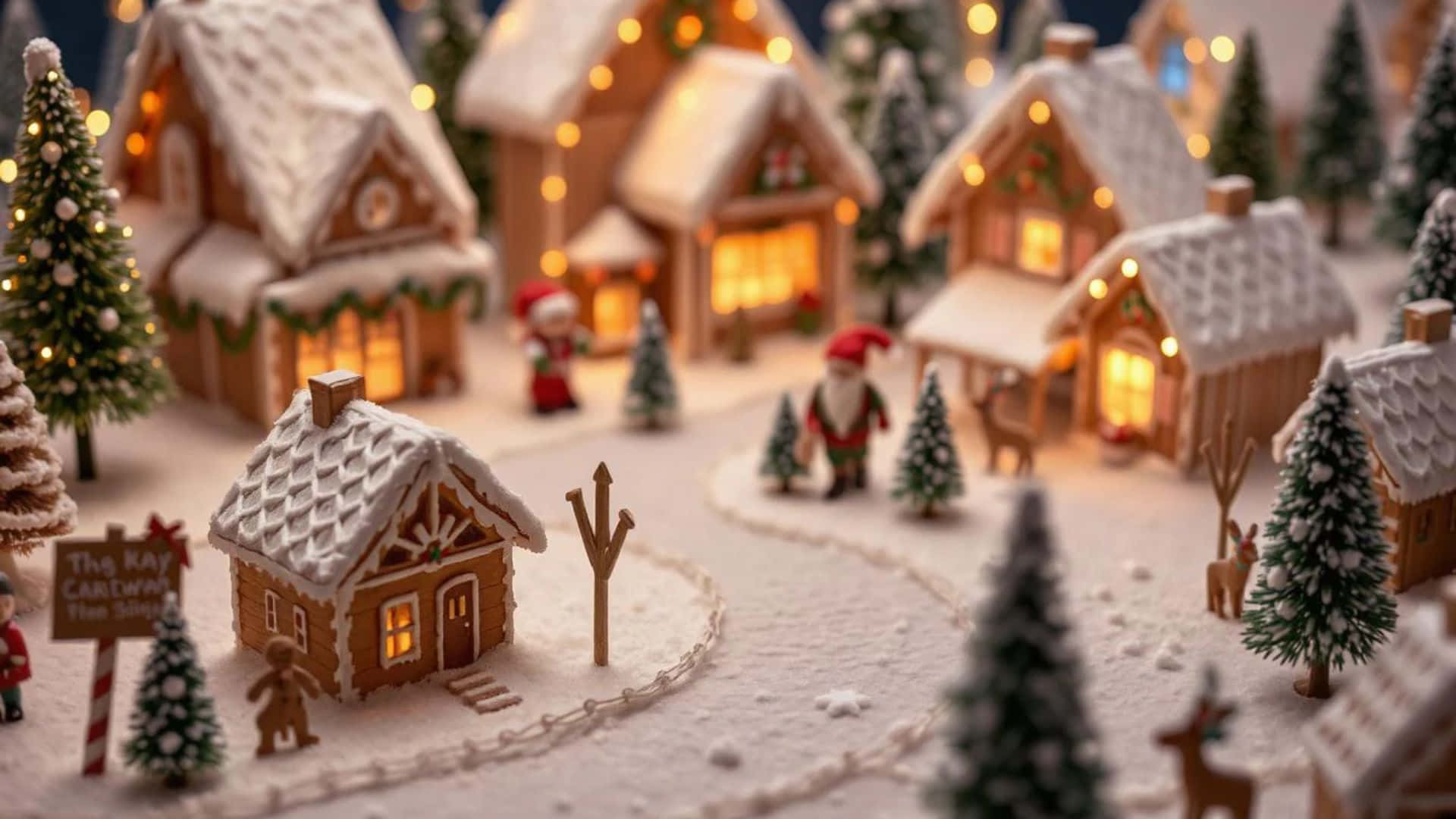 cozy christmas village scene, miniature winter village, snow-covered gingerbread houses, Full HD Desktop Wallpaper