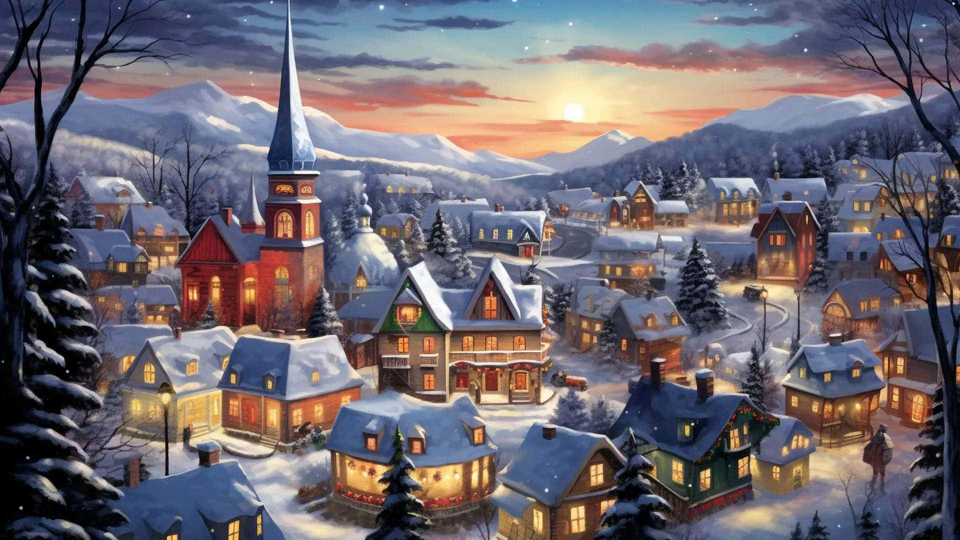 Cozy Snowy Christmas Village, snowy village, dusk, Full HD Desktop Wallpaper