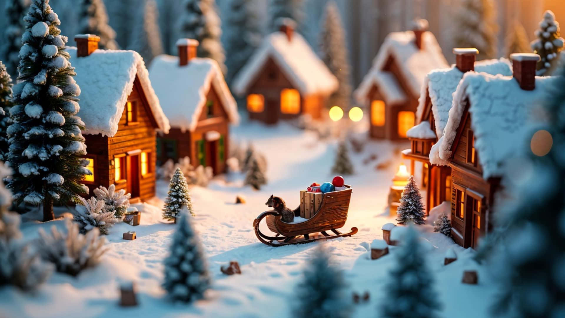 cozy snowy christmas village, snow-covered wooden cabins, glowing warmly, Full HD Desktop Wallpaper