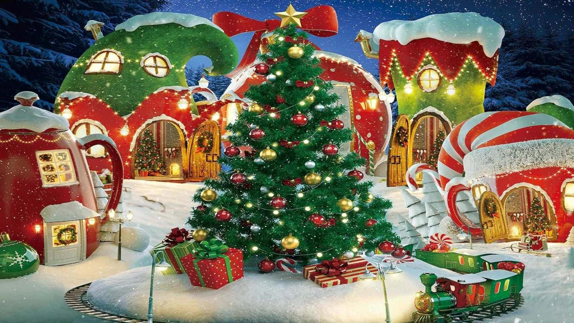 Christmas Village, candy cane houses, glowing Christmas tree, Full HD Desktop Wallpaper