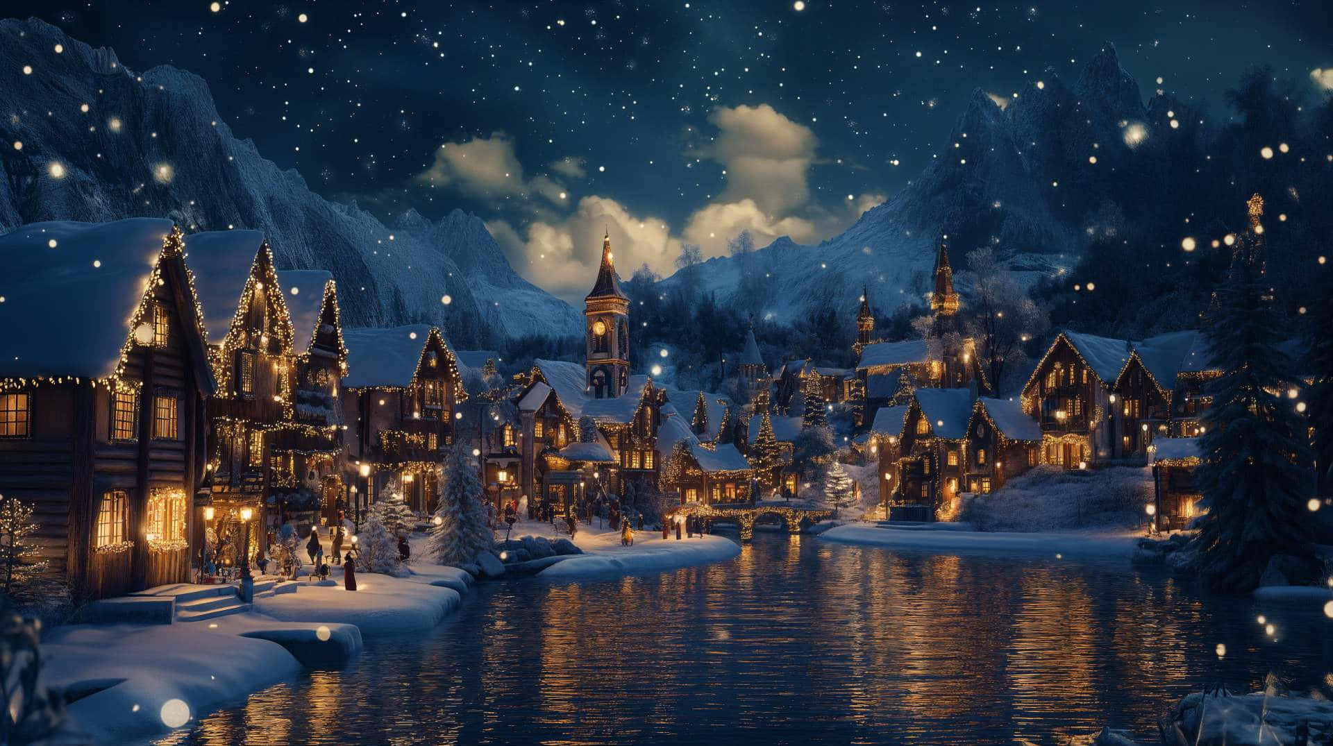 Christmas Village, night, snowy mountain village, Full HD Desktop Wallpaper