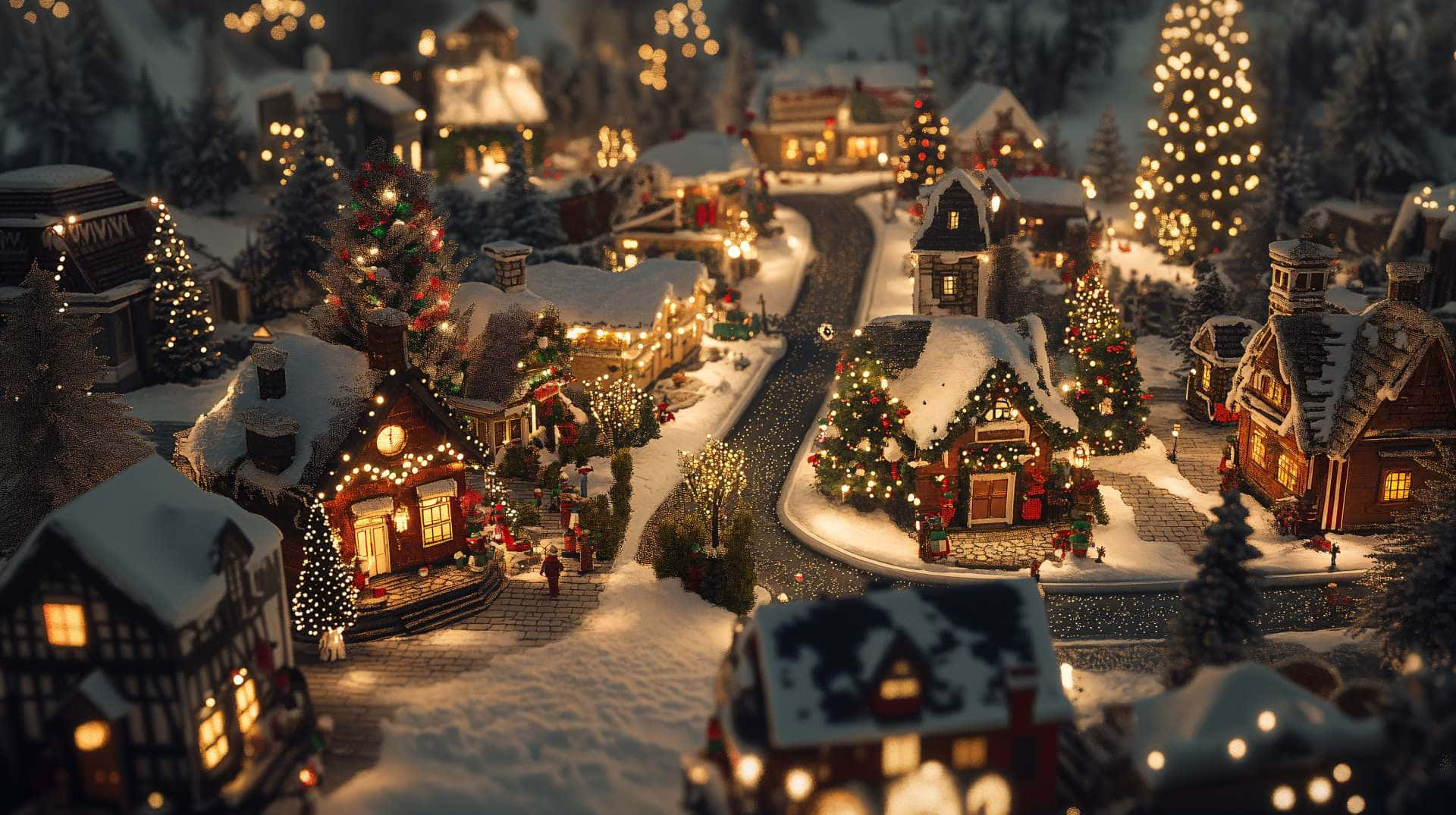 Christmas Village, night, snow-covered, Full HD Desktop Wallpaper