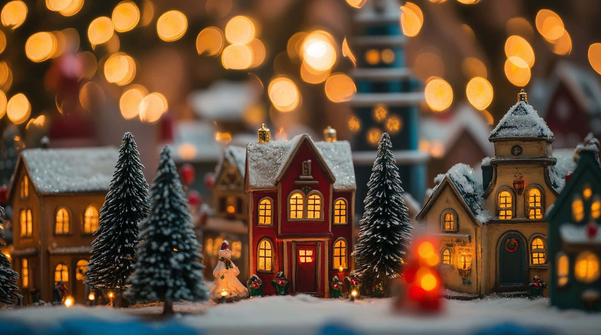 cozy christmas village scene, snowy miniature village, glowing windows, Full HD Desktop Wallpaper