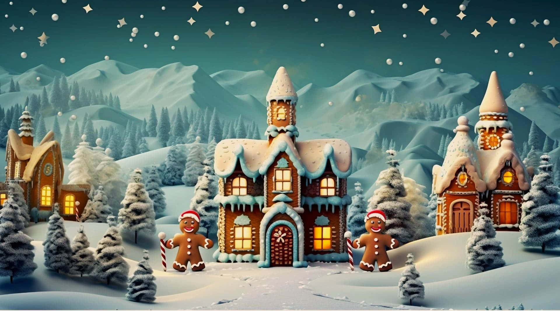 Cozy Snowy Christmas Village, Gingerbread houses, glowing windows, Full HD Desktop Wallpaper