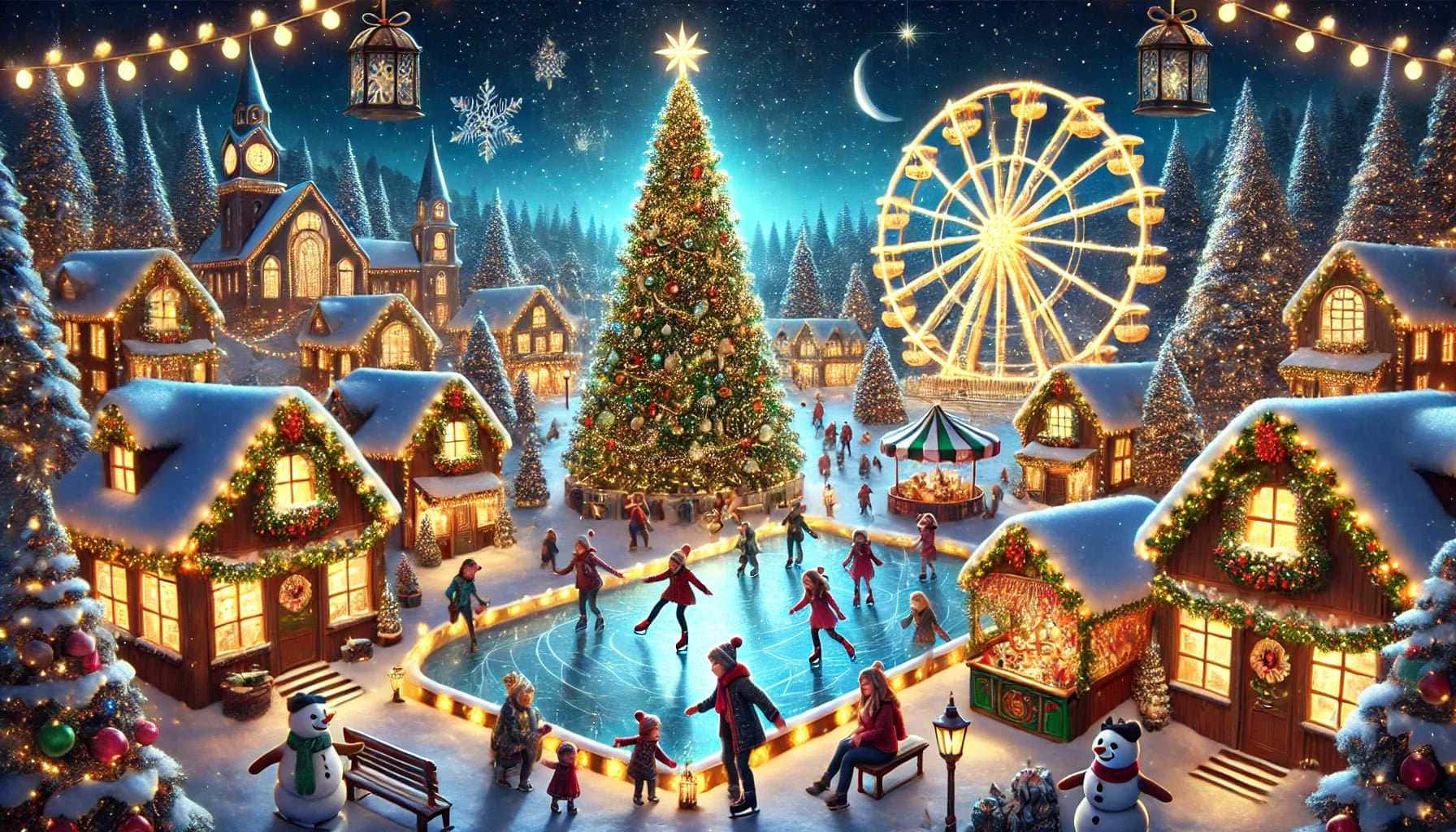 Christmas Village, ice skaters, giant tree, HD Desktop Wallpaper