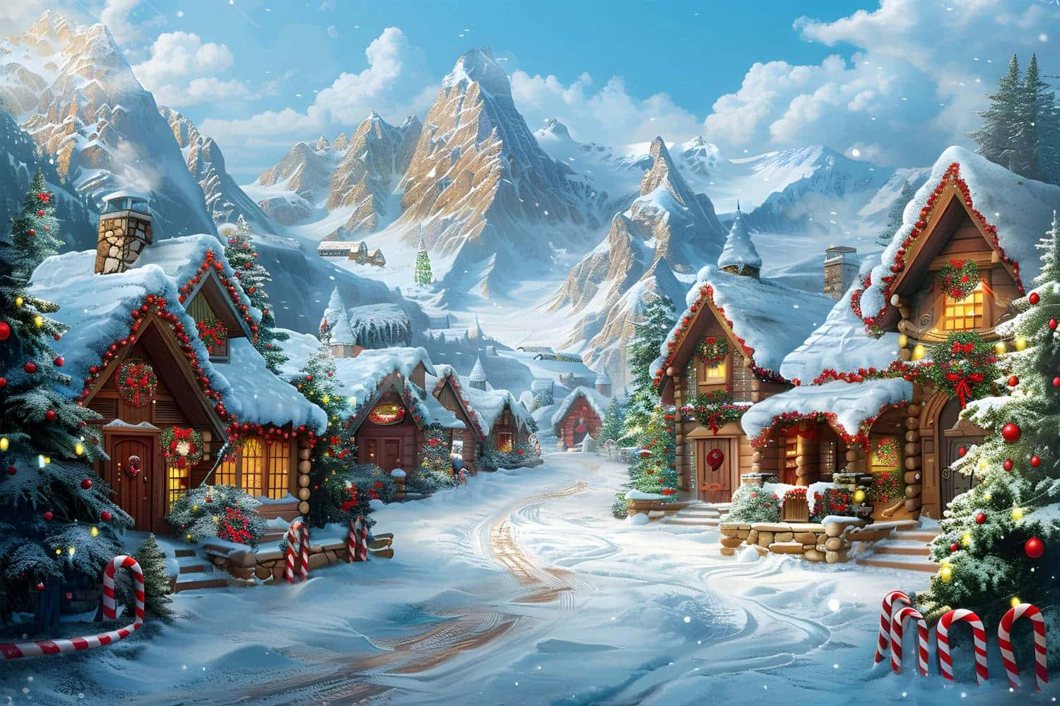 snowy christmas village scene, cozy wooden cabins, red wreaths, HD Desktop Wallpaper