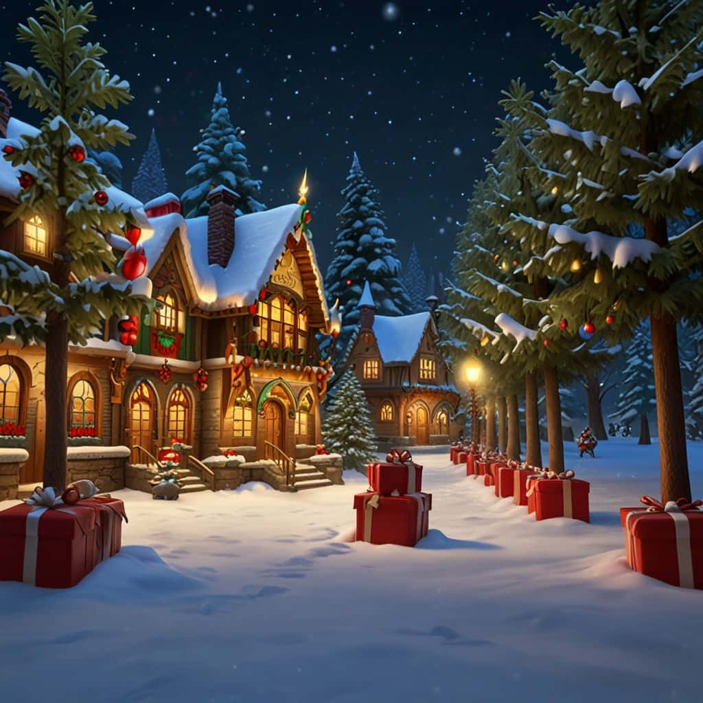 Cozy Christmas Village Scene, snowy Christmas village, night, SD Desktop Wallpaper