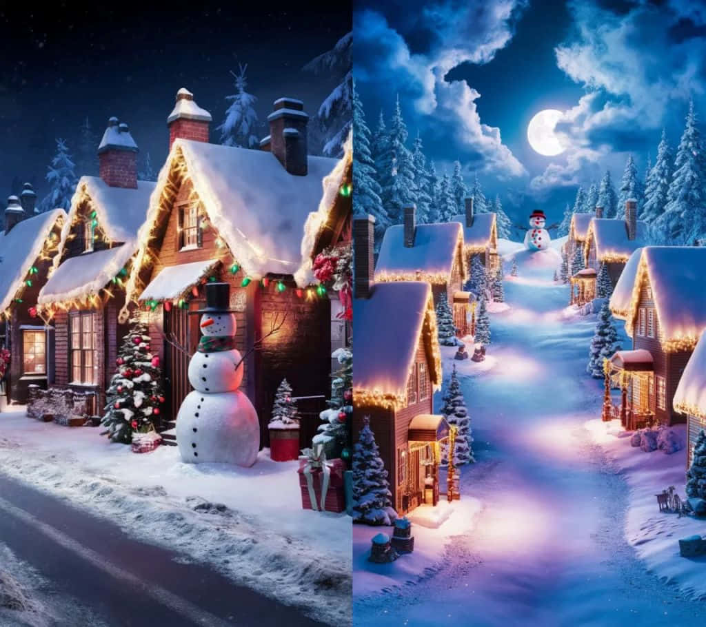 cozy christmas village lights, snow-covered cottages, glowing lights, SD Desktop Wallpaper
