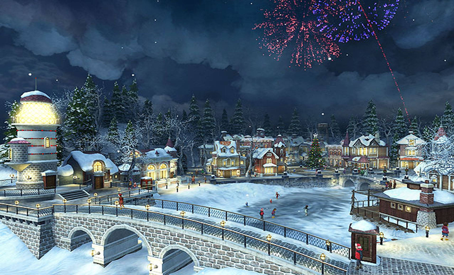 Christmas Widescreen, snowy village, glowing houses, HD Desktop Wallpaper