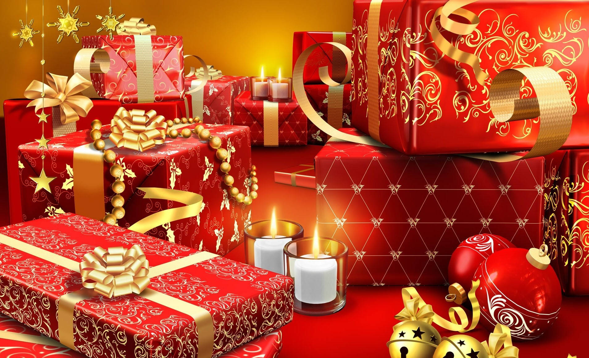 Christmas Widescreen, red gift boxes, gold ribbons, HD Desktop Wallpaper