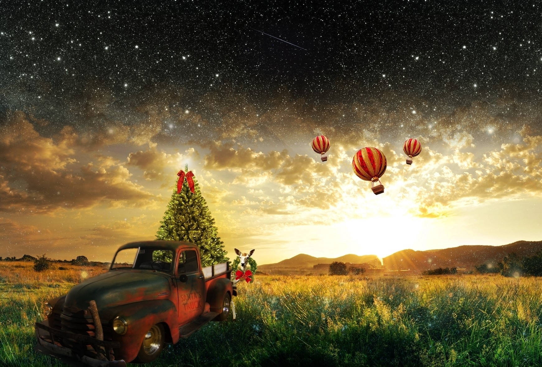 vintage truck, Christmas tree, golden field, HD Desktop Wallpaper