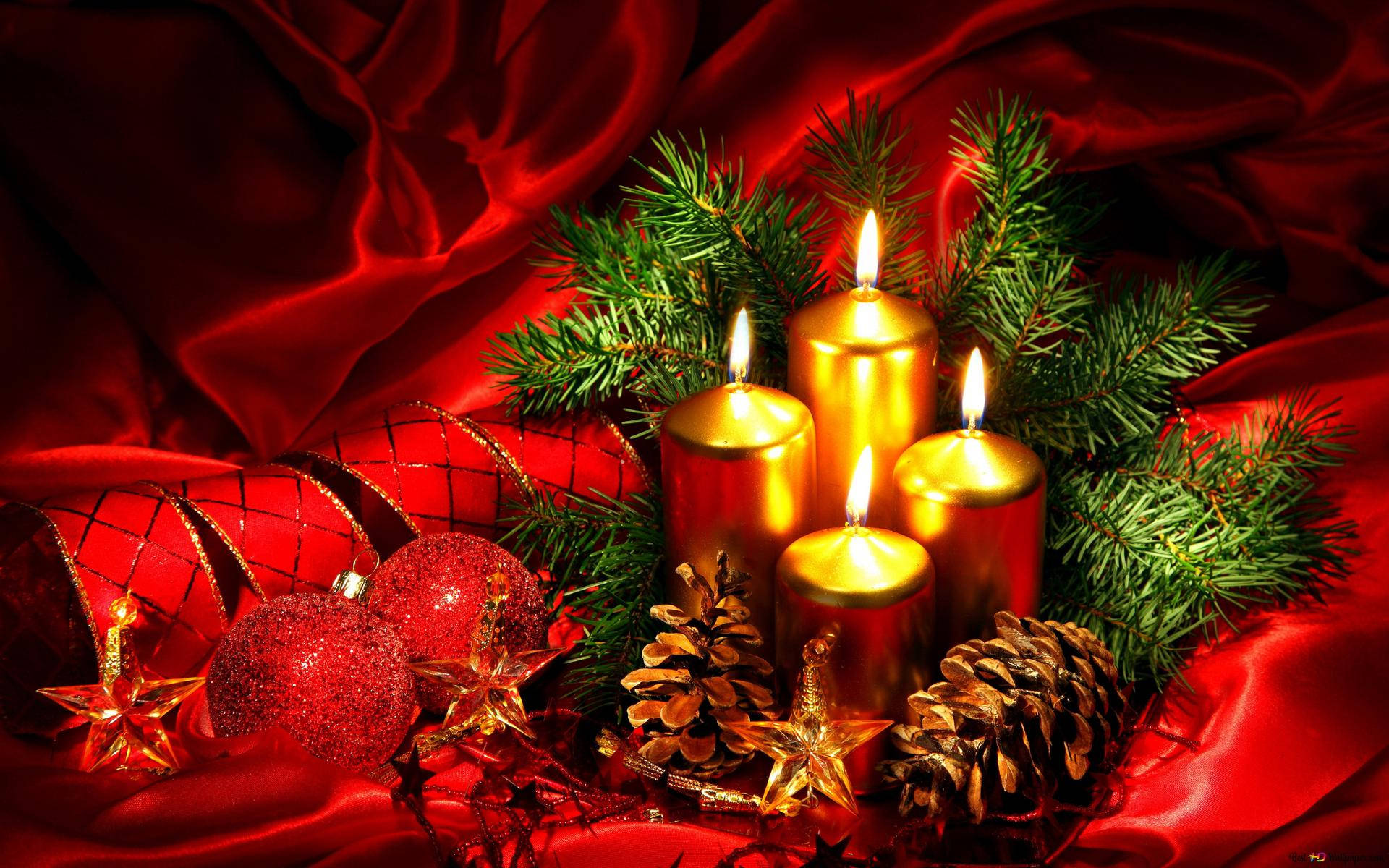 Christmas Trees, snow, glowing golden candles, Full HD Desktop Wallpaper