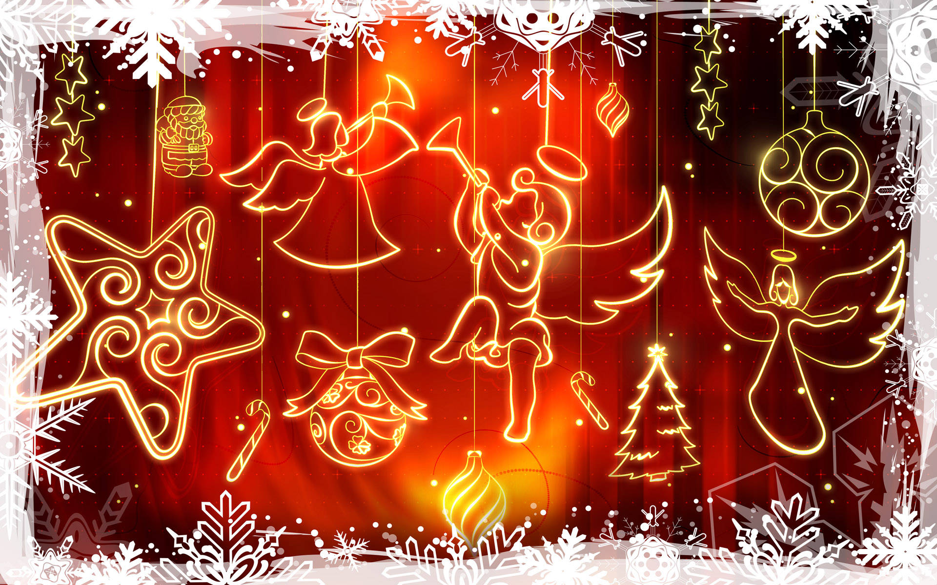 Christmas Widescreen, glowing golden Christmas ornaments, radiant red backdrop, Full HD Desktop Wallpaper