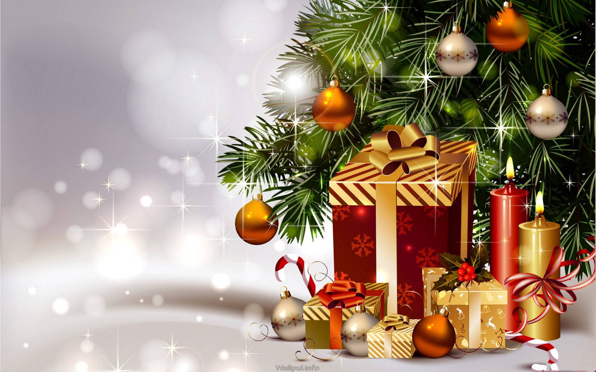 Christmas tree, gold and silver ornaments, presents, Full HD Desktop Wallpaper
