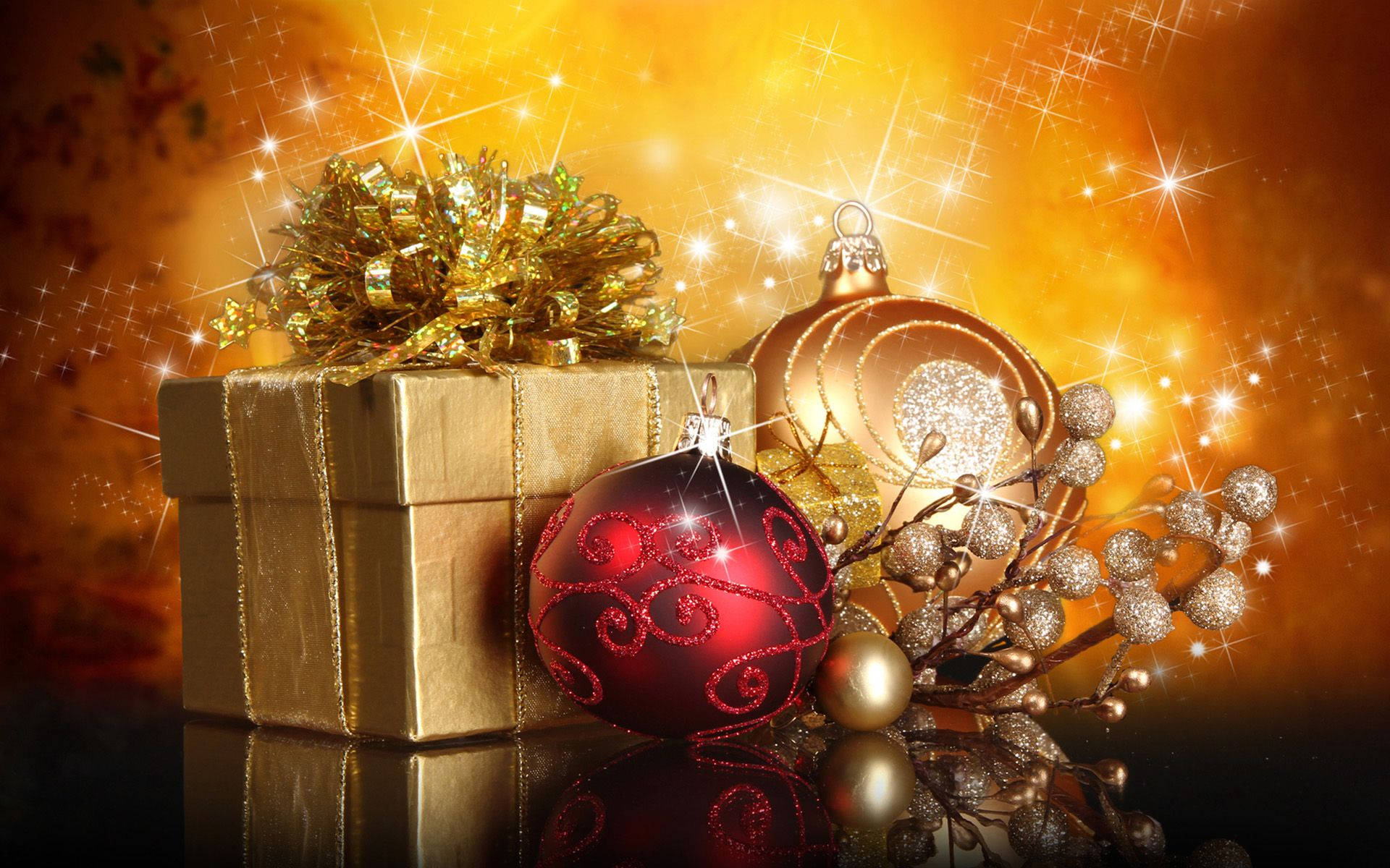 Christmas Widescreen, golden gift box, red ornament, Full HD Desktop Wallpaper