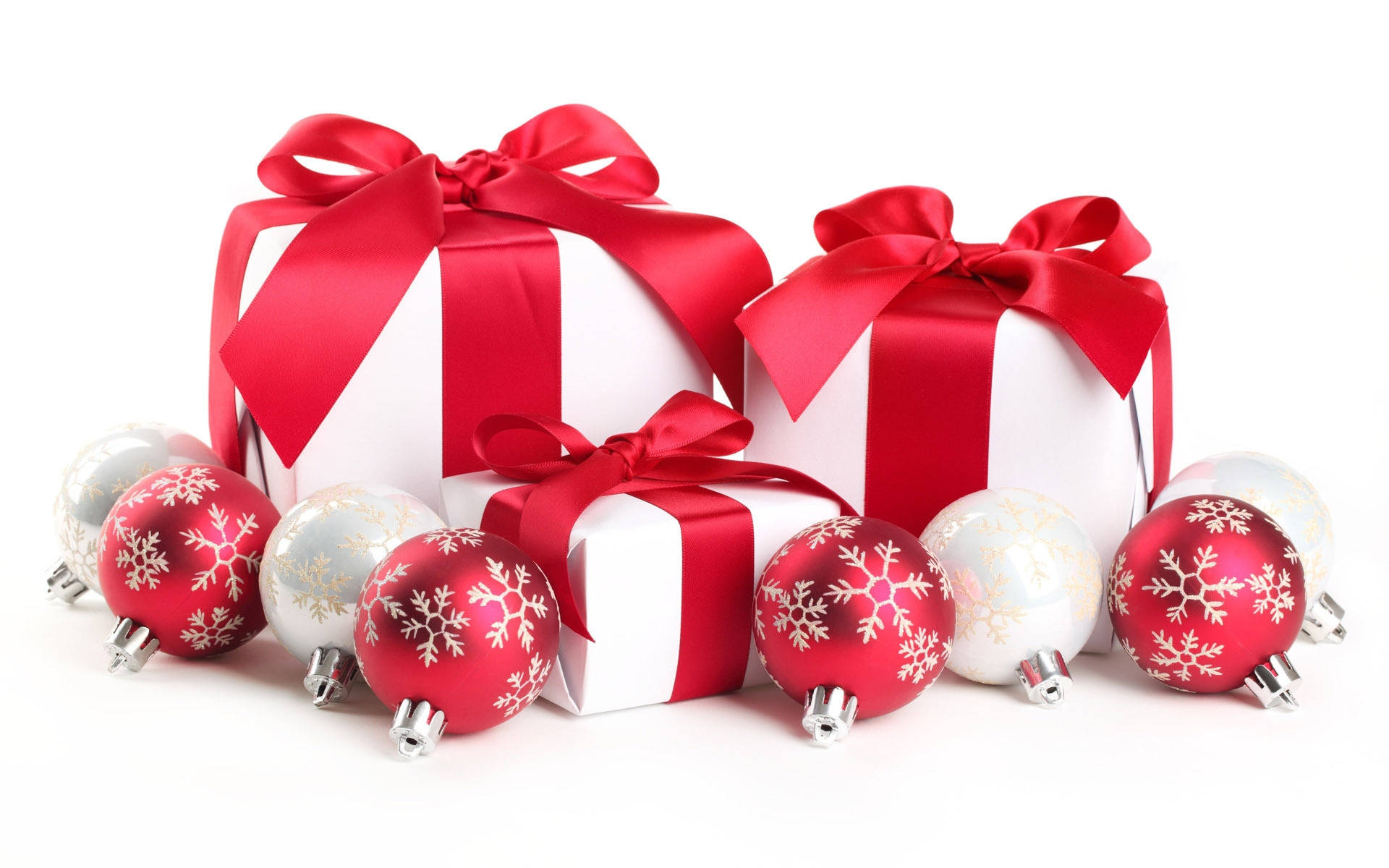 Christmas Gifts Widescreen, white gift boxes, red satin bows, Full HD Desktop Wallpaper