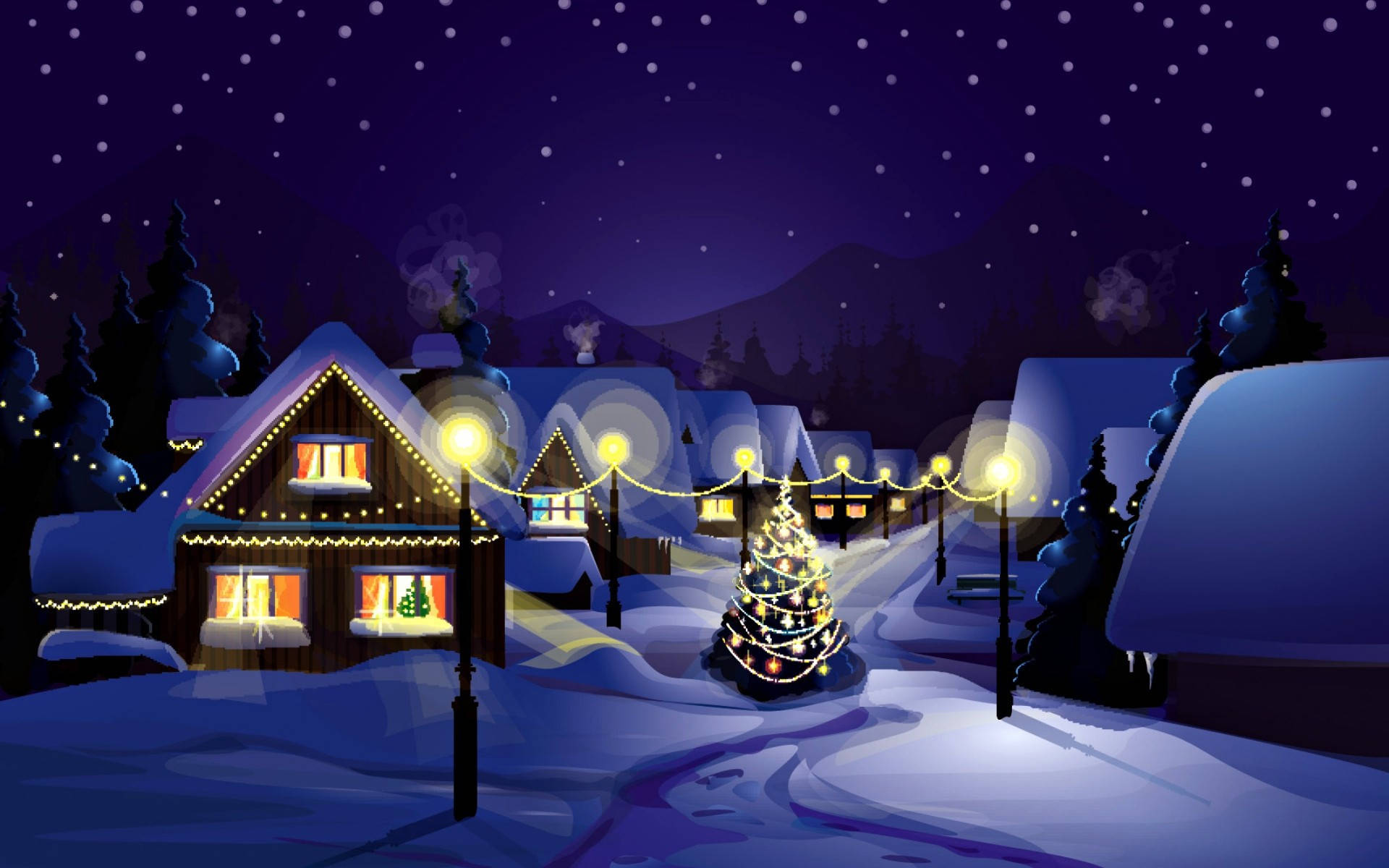 Christmas Widescreen, snow-covered village, glowing windows, Full HD Desktop Wallpaper