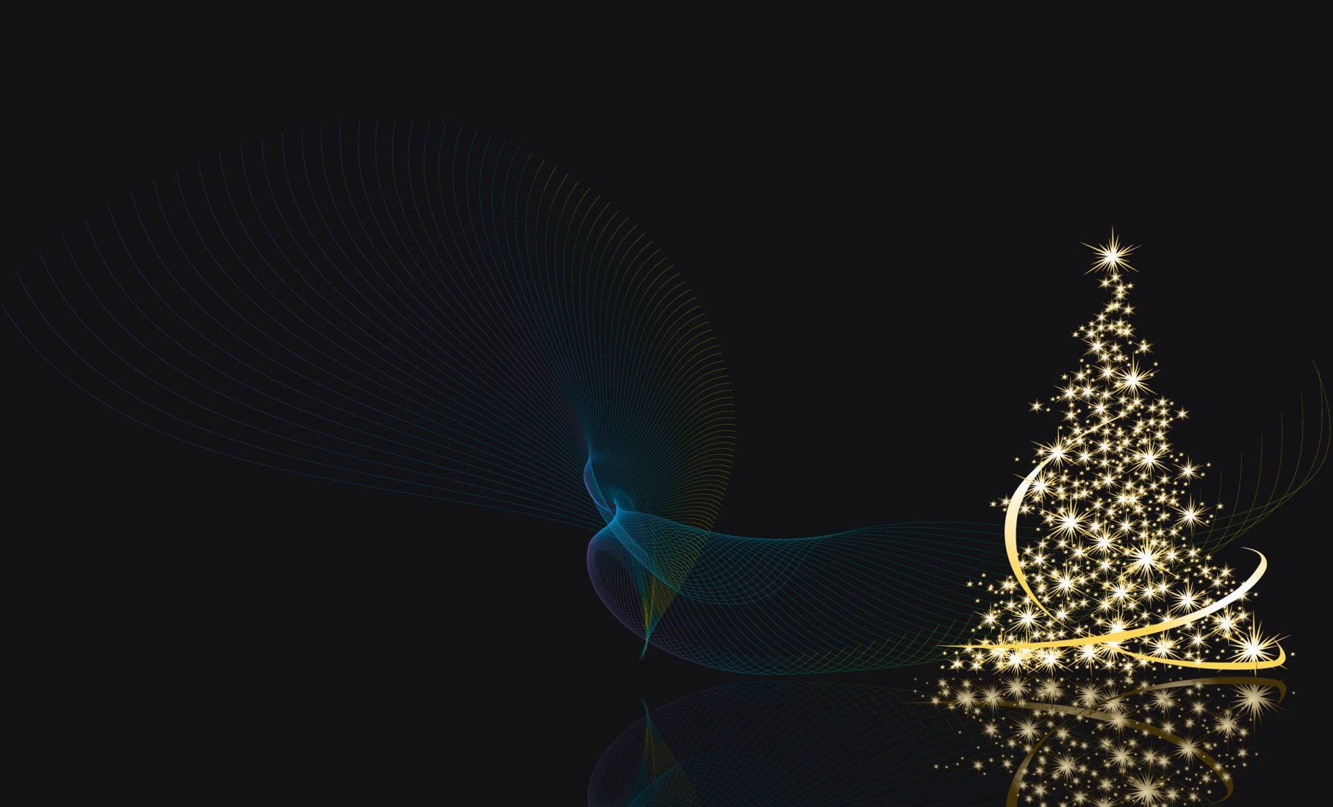 Black Christmas Widescreen, glowing golden Christmas tree, sparkling lights, HD Desktop Wallpaper