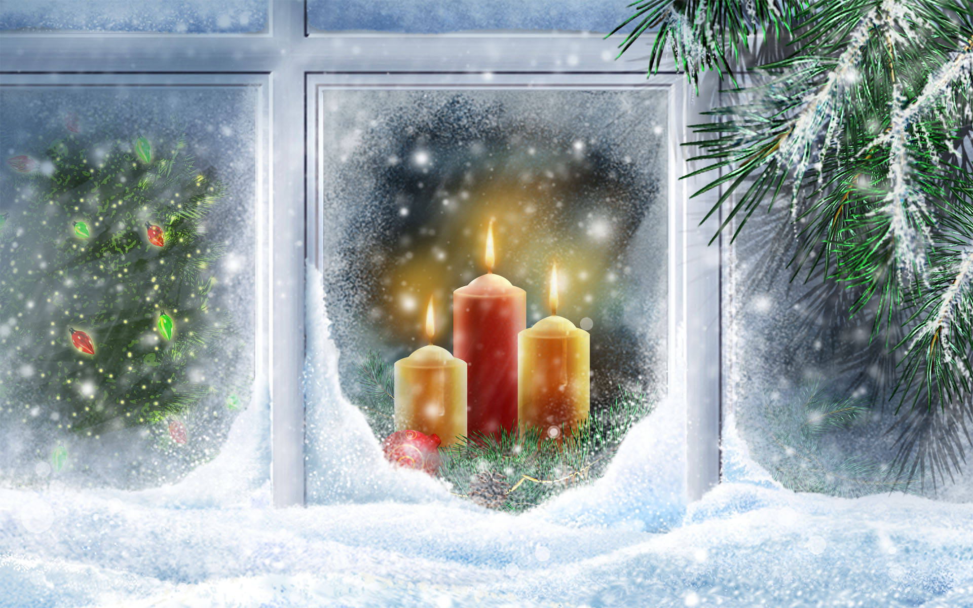 Christmas Widescreen, snowy windowsill, lit candles, Full HD Desktop Wallpaper