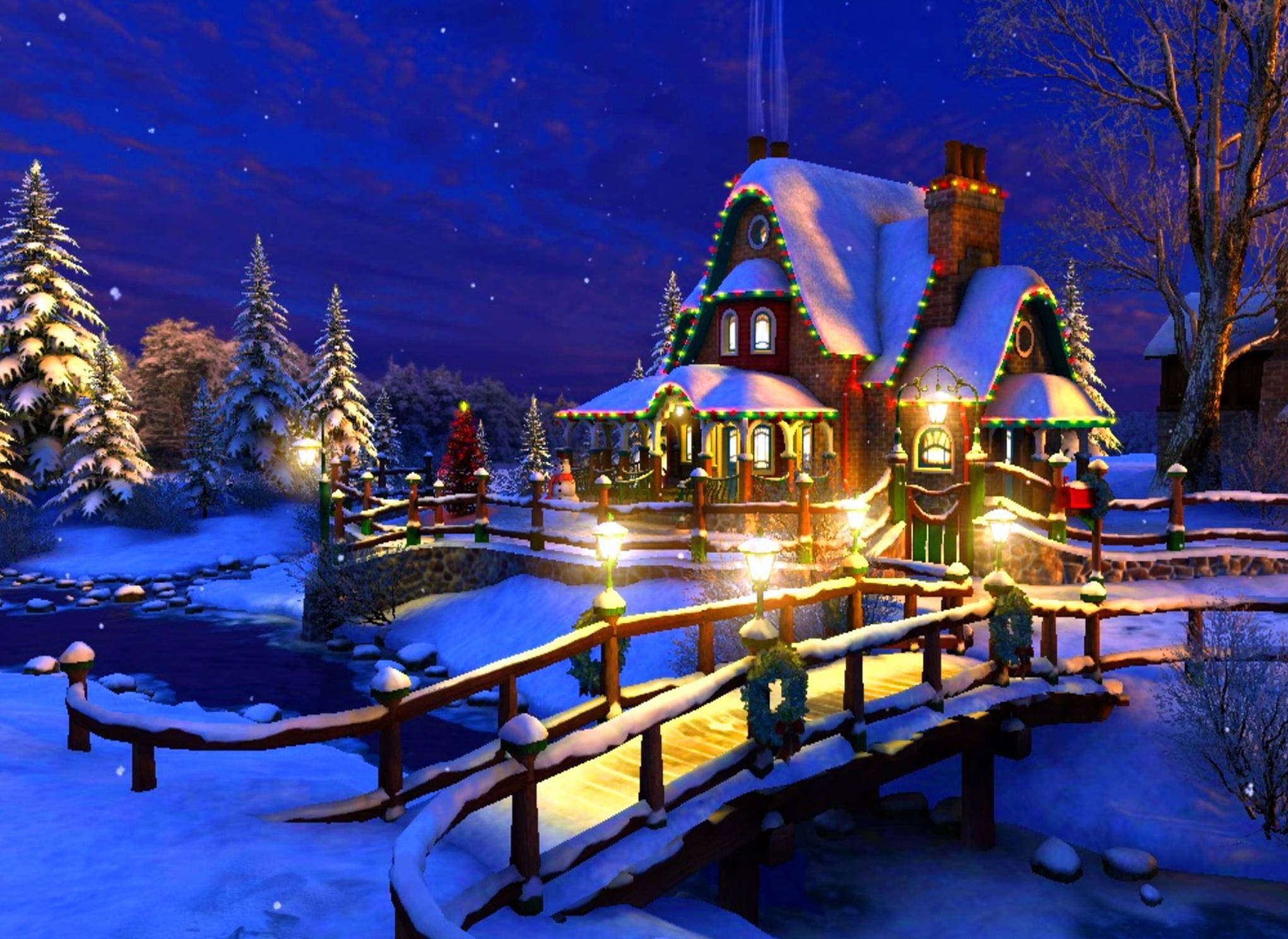 Christmas tree, cozy snow-covered cottage, festive lights, Full HD Desktop Wallpaper