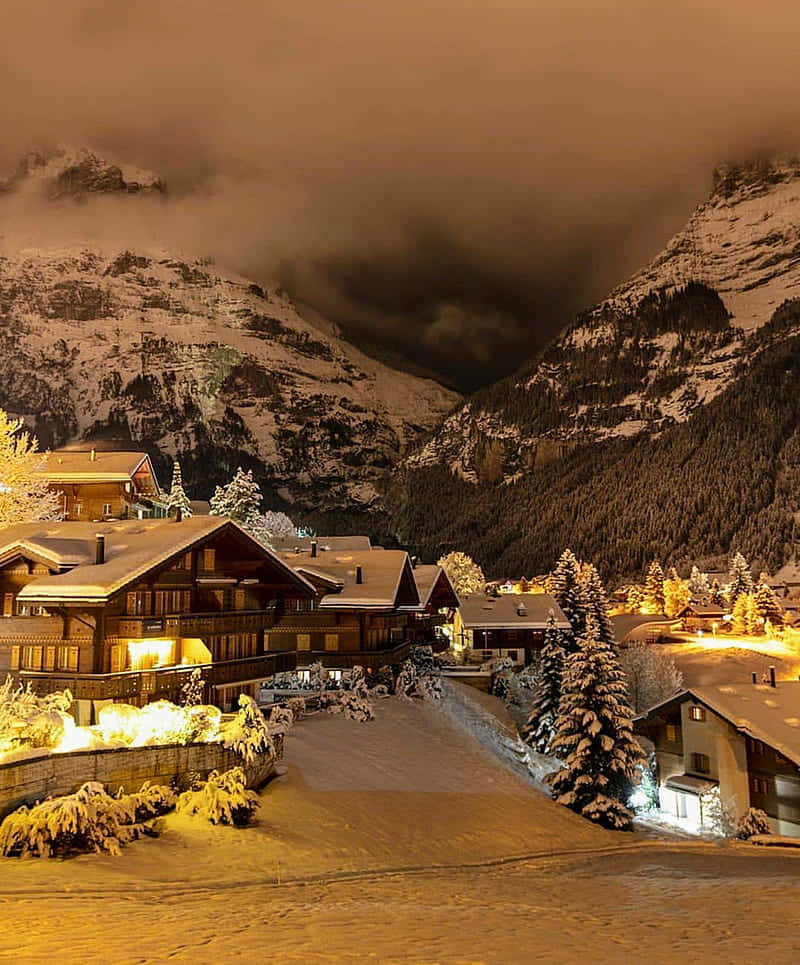 Christmas Winter Wonderland, snowy mountain village, night, SD Phone Wallpaper