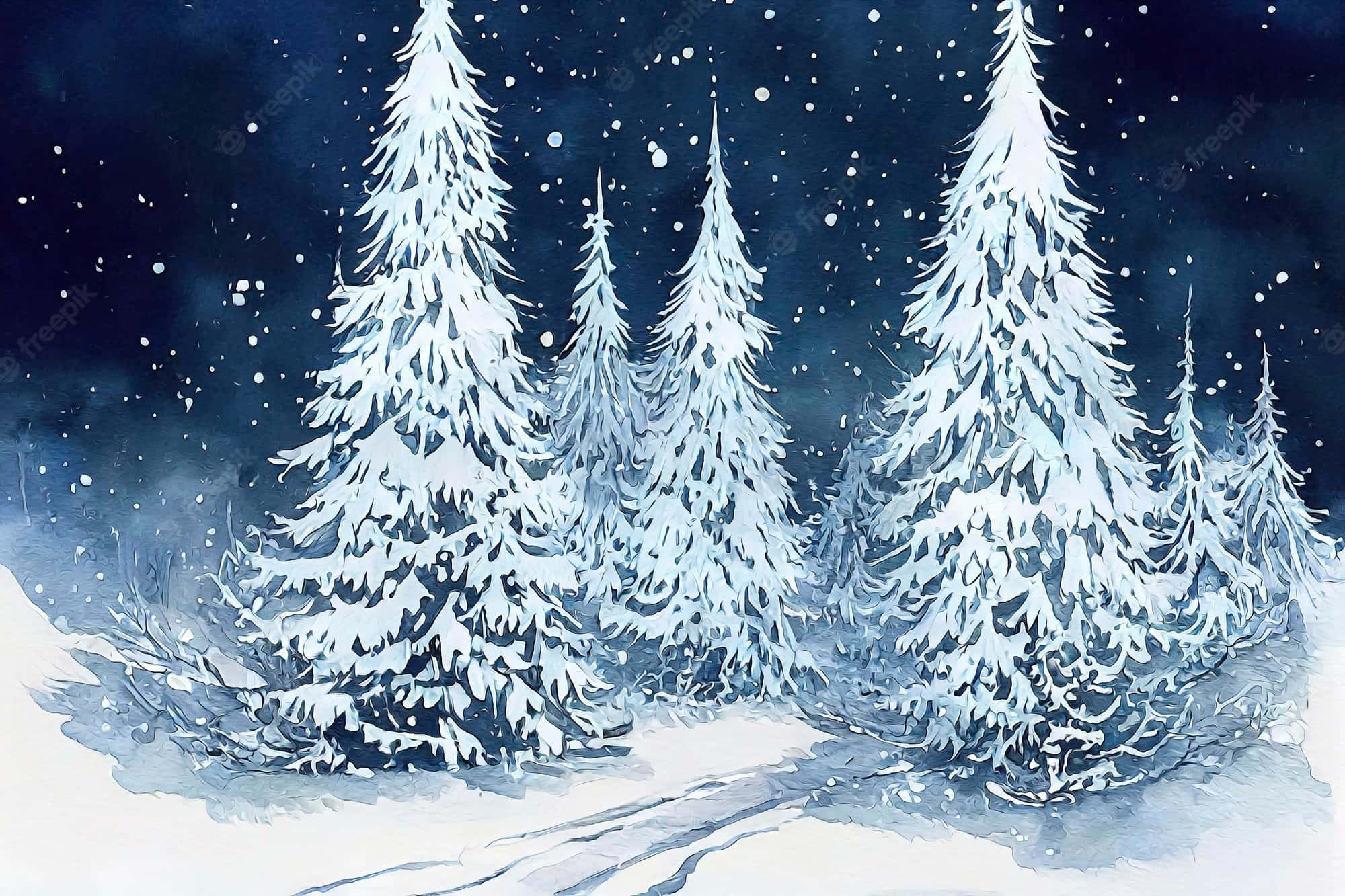 Christmas Winter Wonderland, snow-laden pine trees, starry night sky, Full HD Desktop Wallpaper