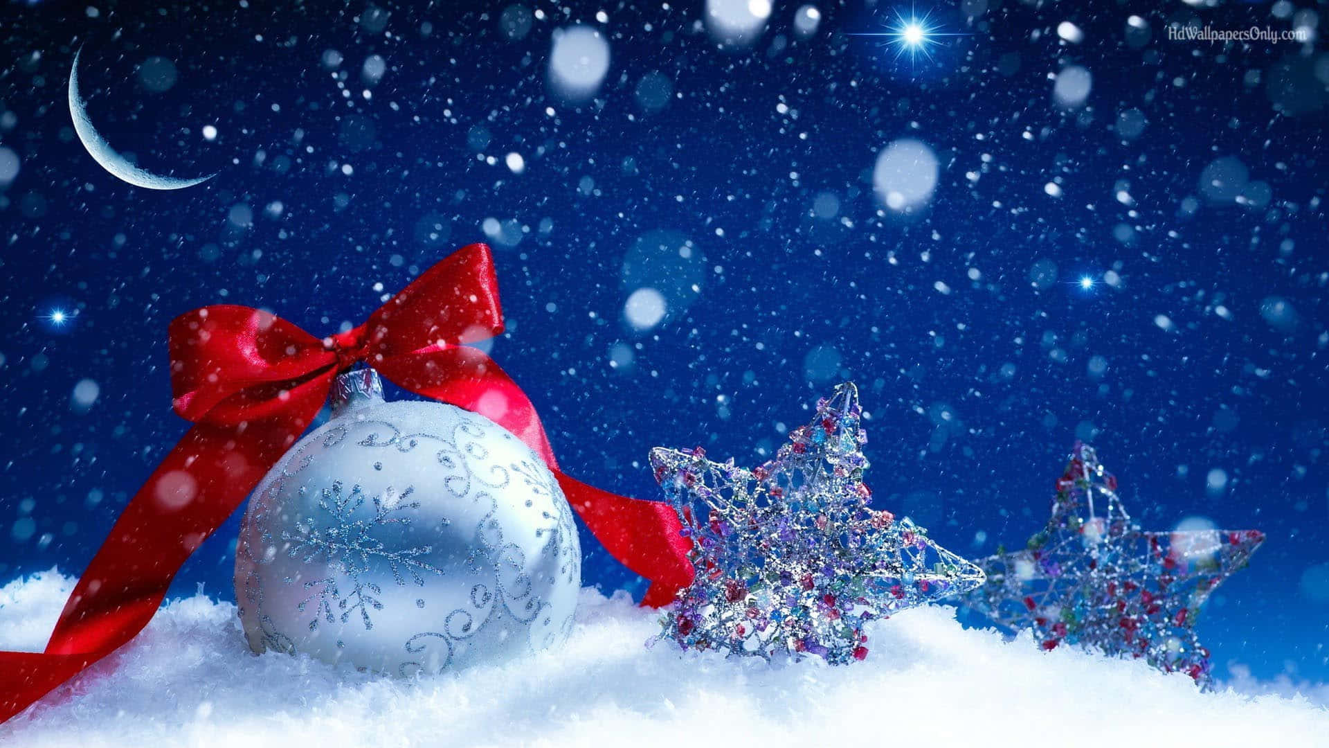 Christmas Winter Wonderland, silver ornament, red bow, Full HD Desktop Wallpaper