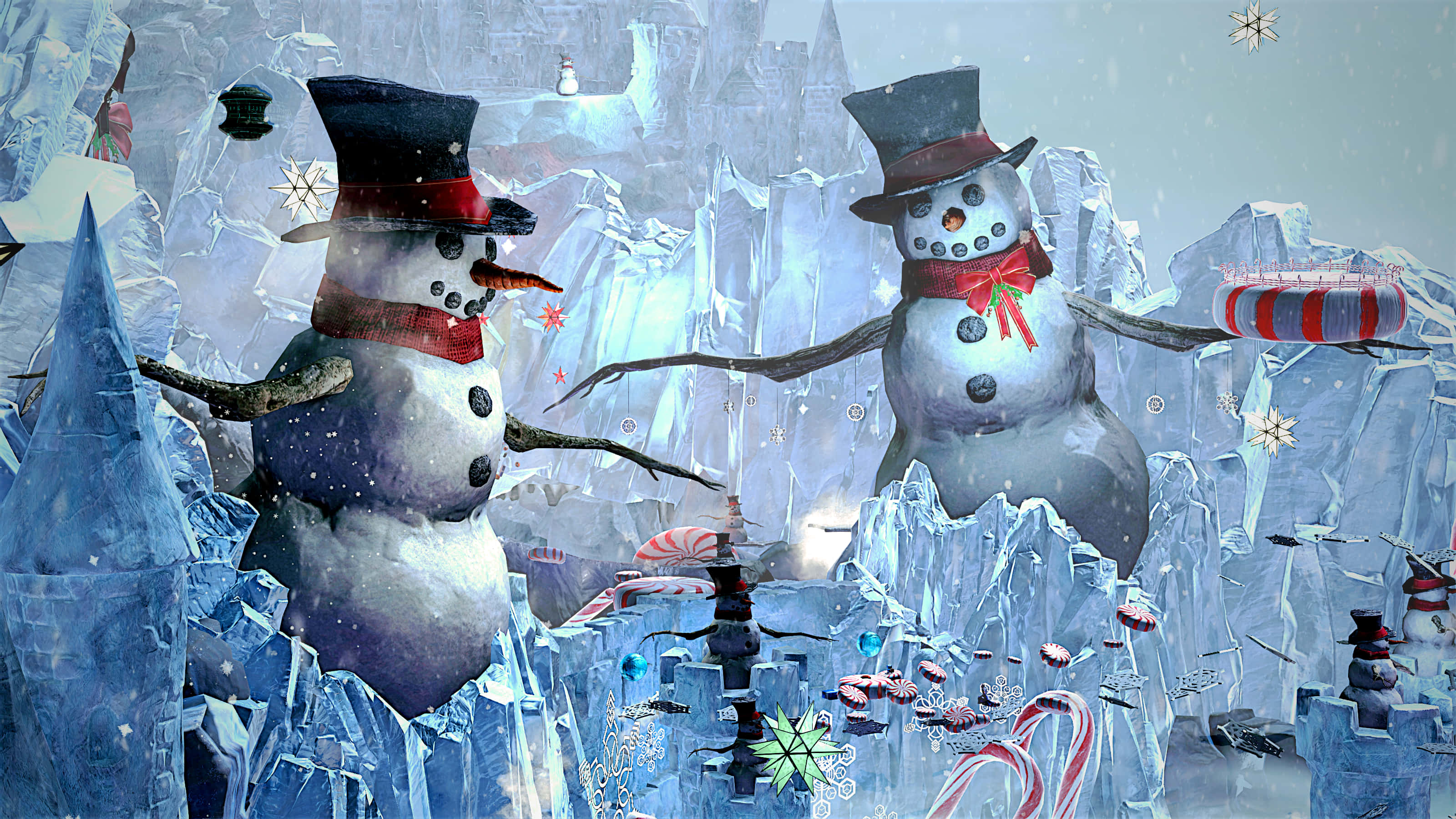 snowman, top hats, scarves, 2K Desktop Wallpaper