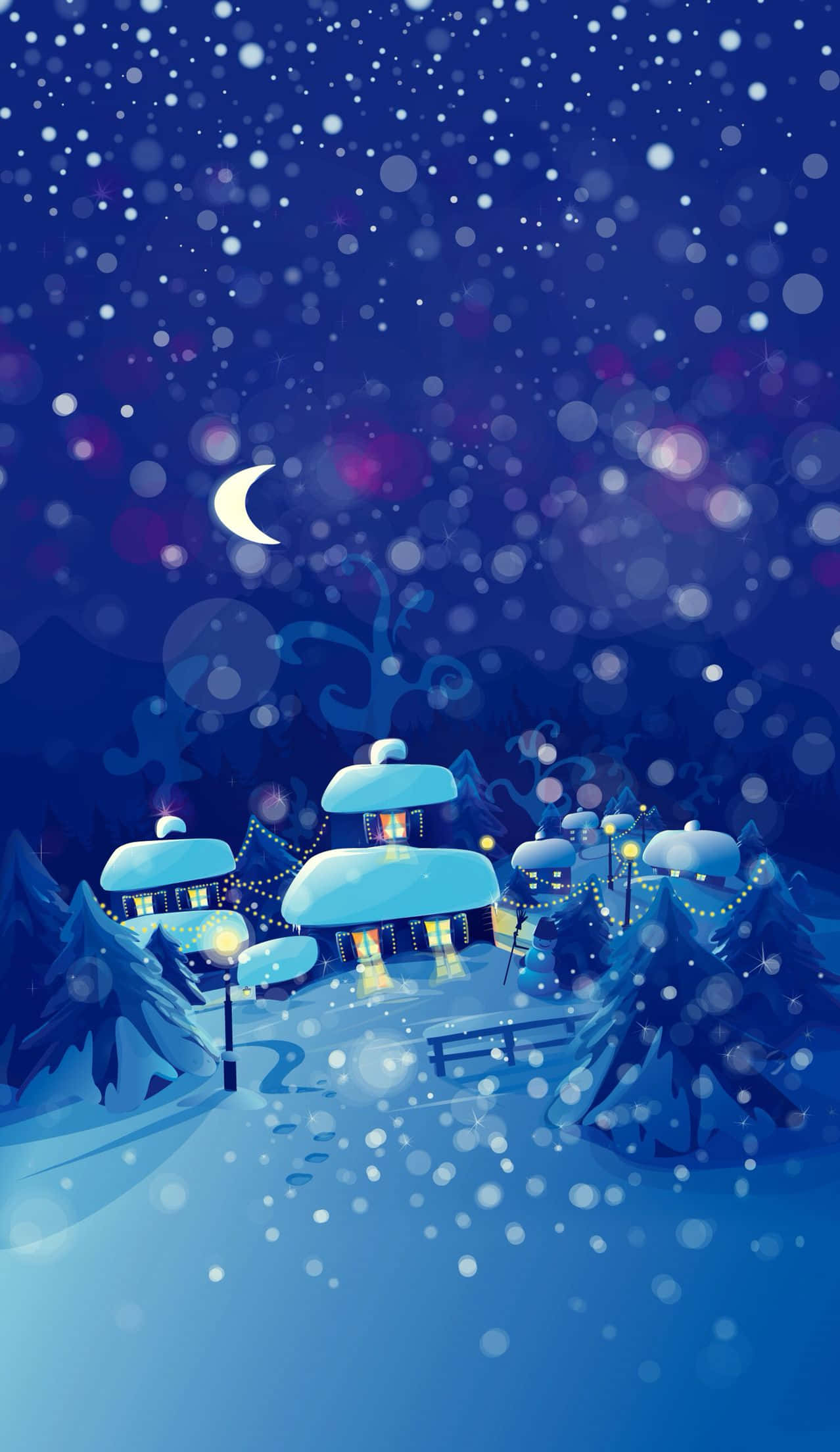 Christmas Winter Wonderland, crescent moon, snow-covered village, Full HD Phone Wallpaper