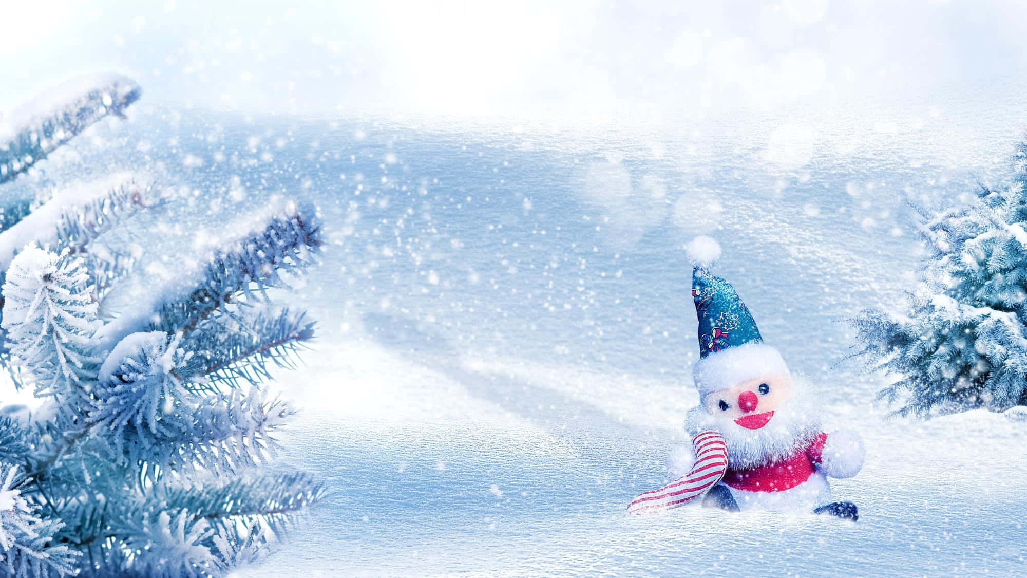 Christmas-themed landscape, snowman, red scarf, Full HD Desktop Wallpaper