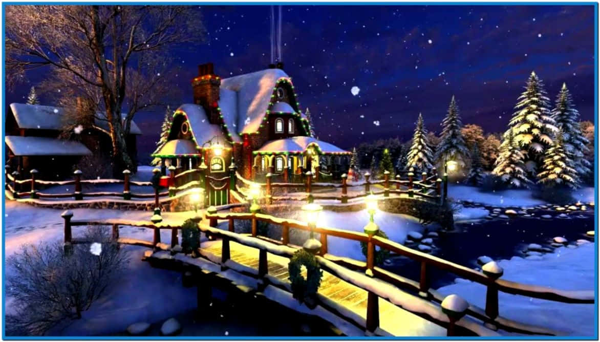 Christmas Winter Wonderland, snow-covered cottage, warm lights, SD Desktop Wallpaper