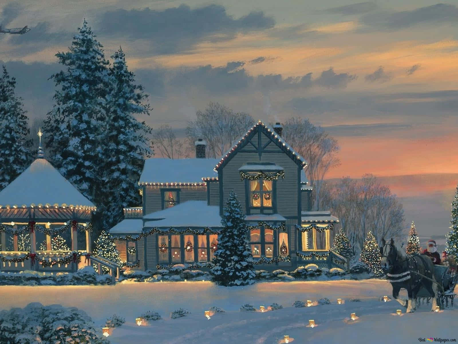 Victorian home, festive lights, garlands, HD Desktop Wallpaper
