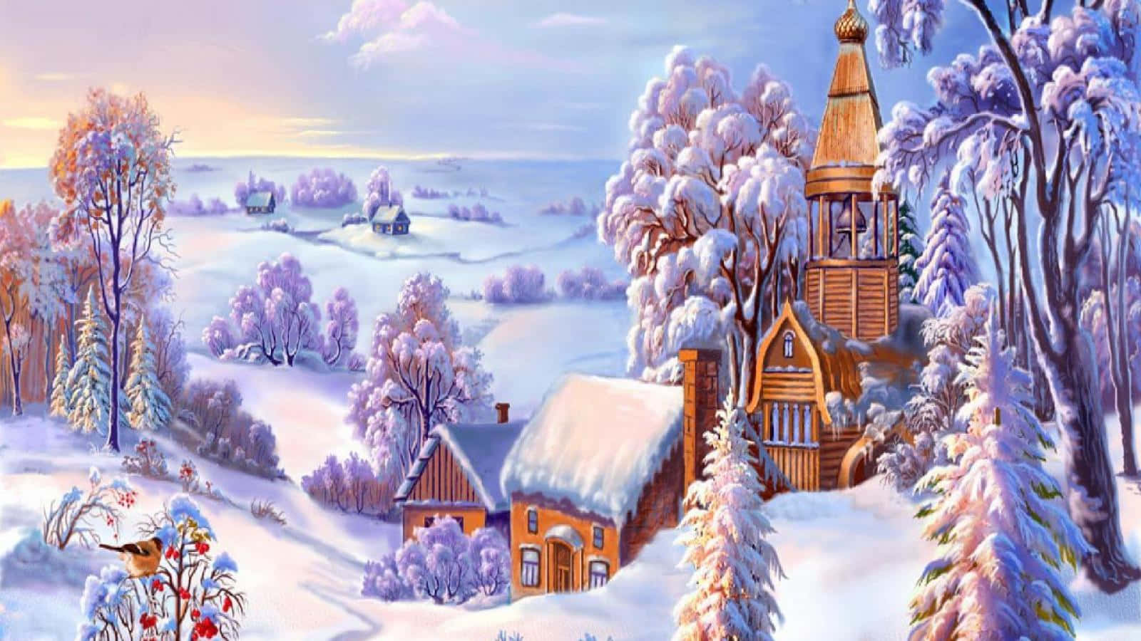 Christmas Winter Wonderland, snow-covered wooden church, cottage, HD Desktop Wallpaper