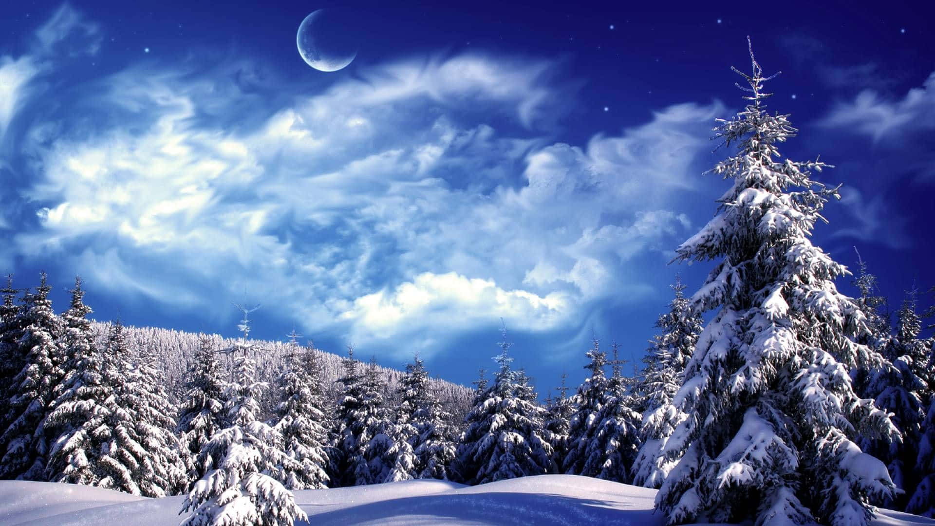 Christmas Winter Wonderland, crescent moon, starry night sky, Full HD Desktop Wallpaper