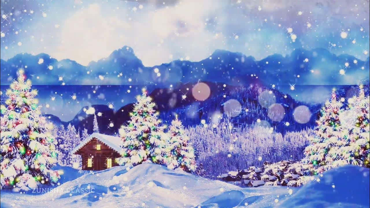 Christmas Winter Wonderland, snow-covered cabin, glowing pine trees, HD Desktop Wallpaper