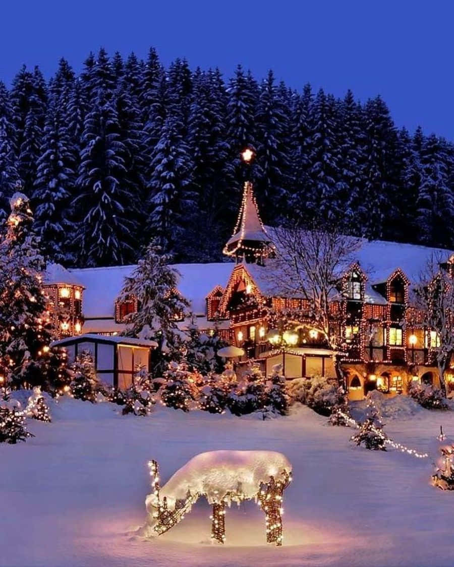 Christmas Winter Wonderland, snow-covered chalet, twilight, SD Phone Wallpaper