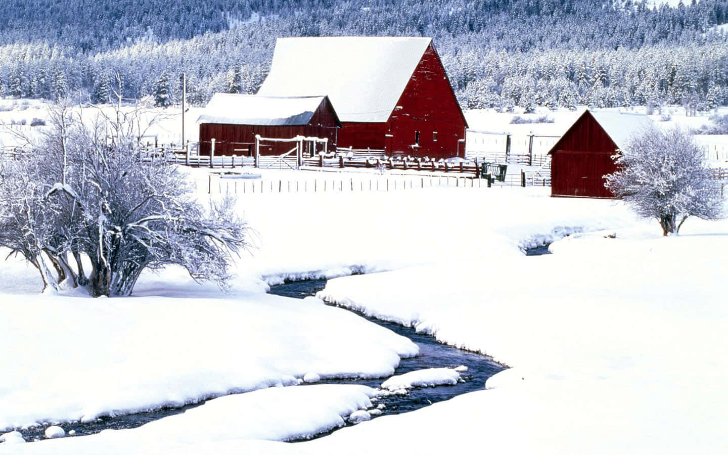red barn, snowy winter scene, winding stream, HD Desktop Wallpaper