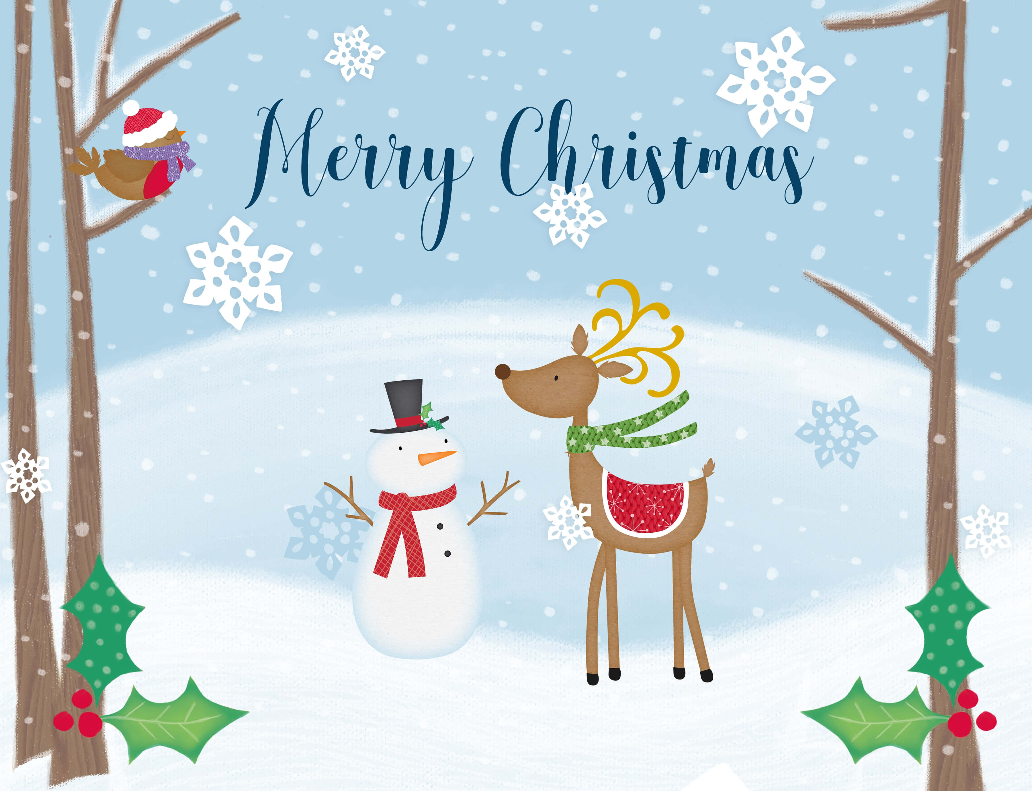 Christmas Winter Wonderland, snowman, reindeer, 2K Desktop Wallpaper