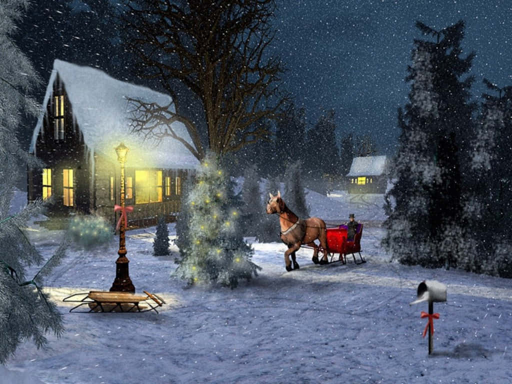 Christmas Winter Wonderland, red sleigh, snowy village, SD Desktop Wallpaper