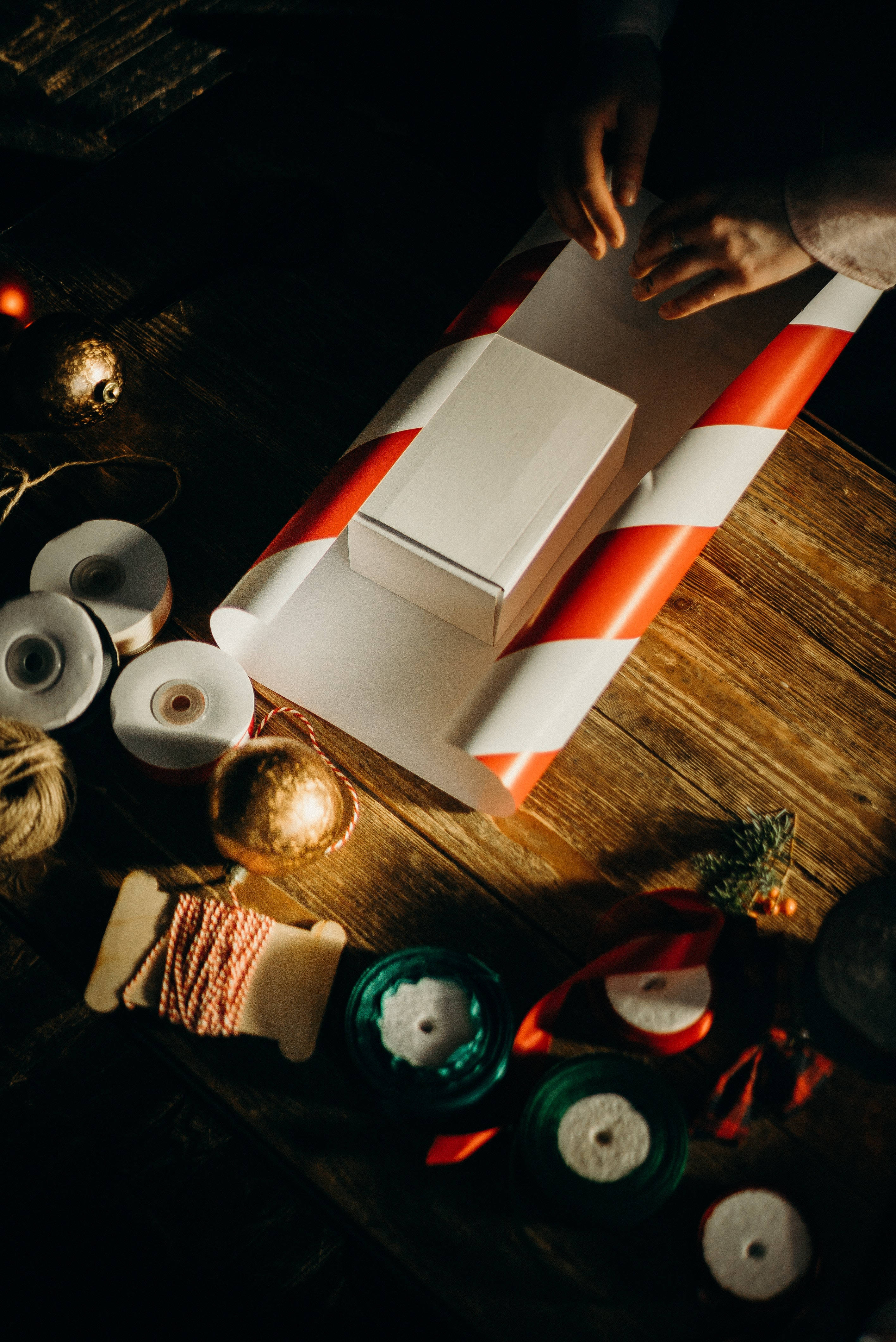 red and white striped paper, white box, rustic wooden table, 4K Phone Wallpaper