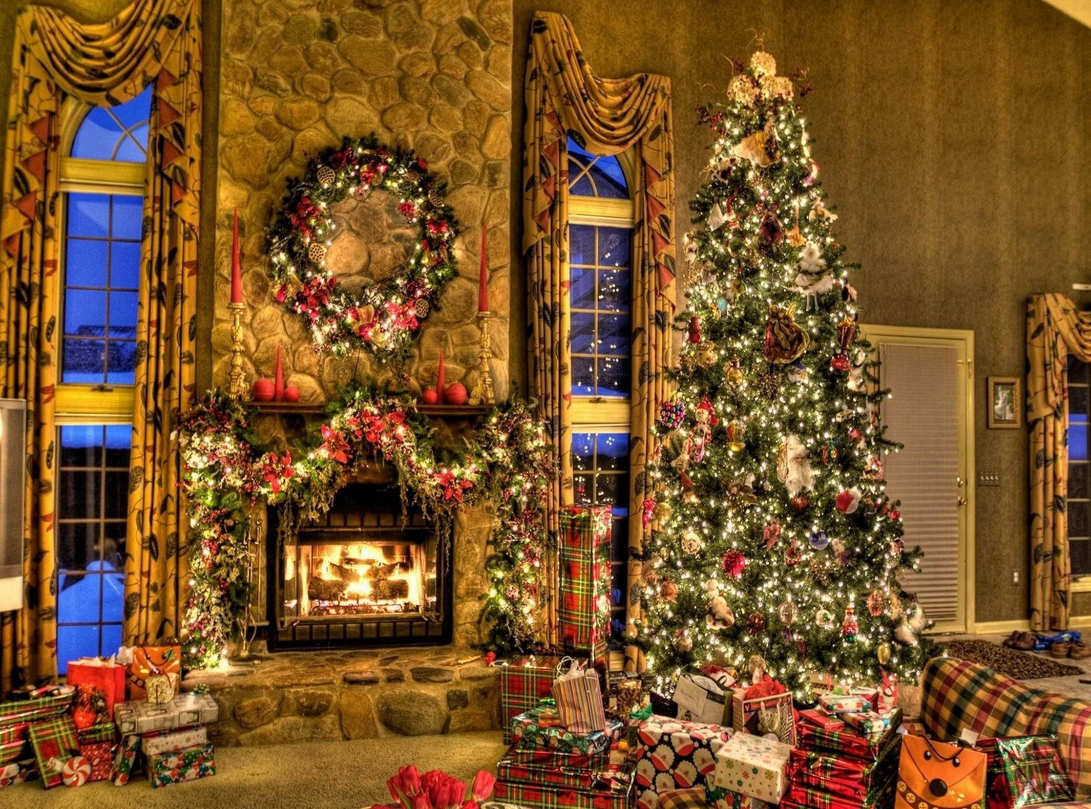 Christmas Wreath, fireplace, stone fireplace, Full HD Desktop Wallpaper