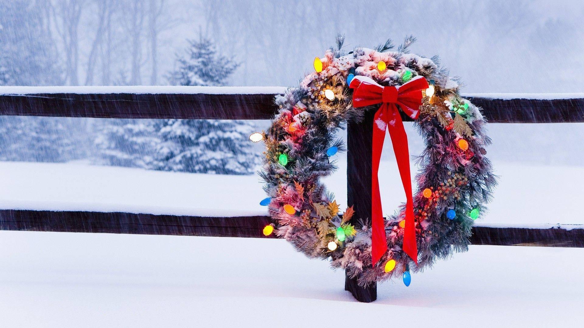 Christmas Wreath, glowing lights, red bow, Full HD Desktop Wallpaper