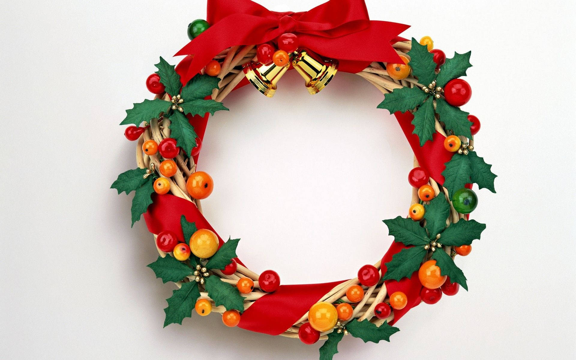 Christmas Wreath, red ribbon, holly berries, Full HD Desktop Wallpaper