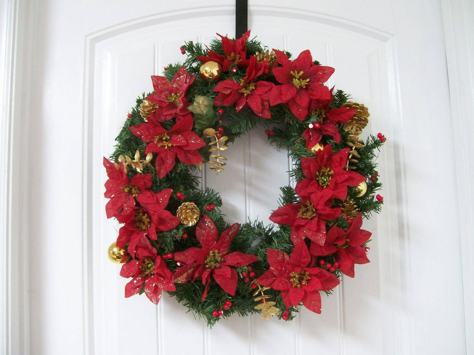 Christmas Wreath, poinsettia, gold ornaments, HD Desktop Wallpaper