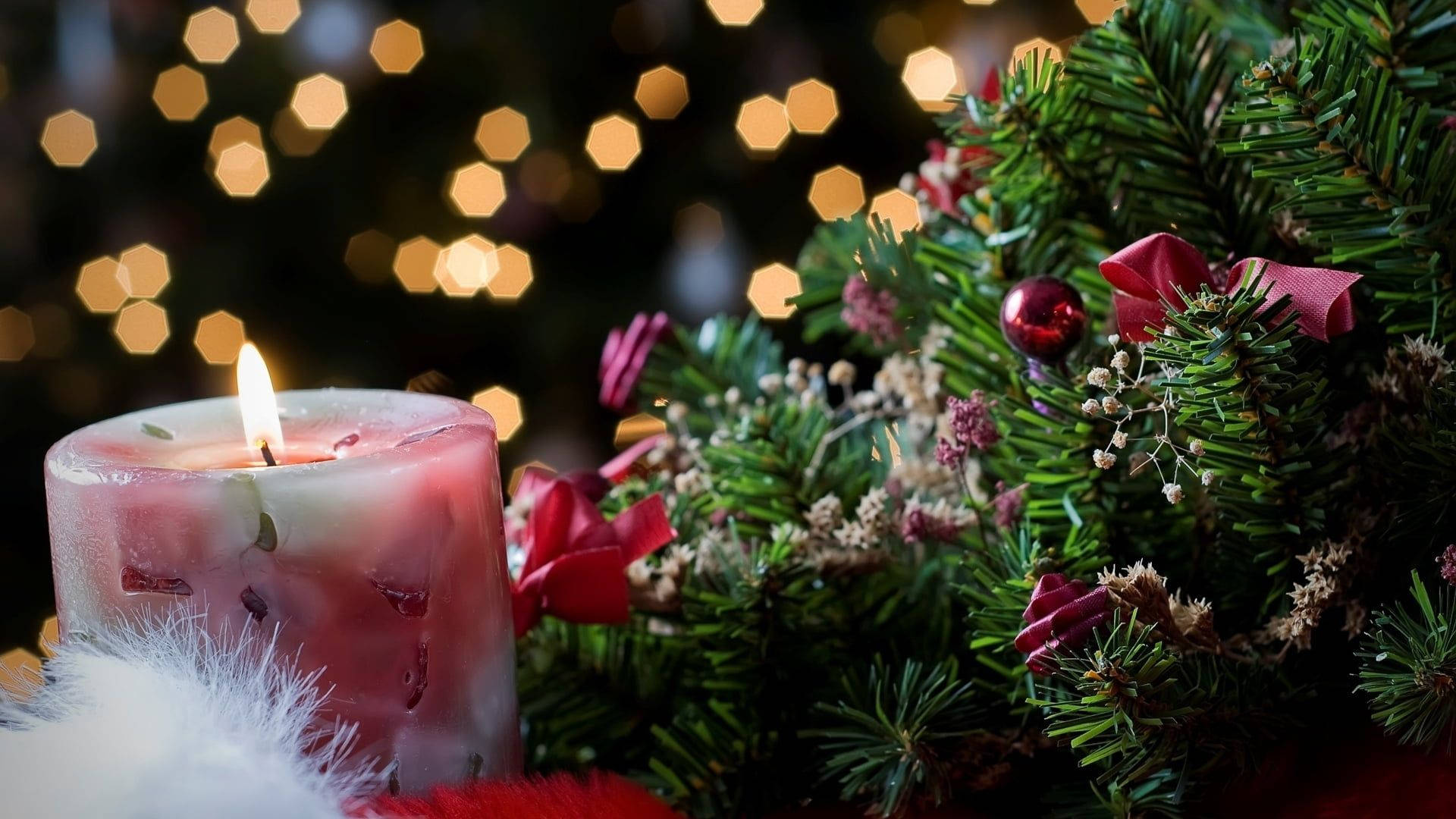 Christmas Wreath, candle, pink candle, Full HD Desktop Wallpaper
