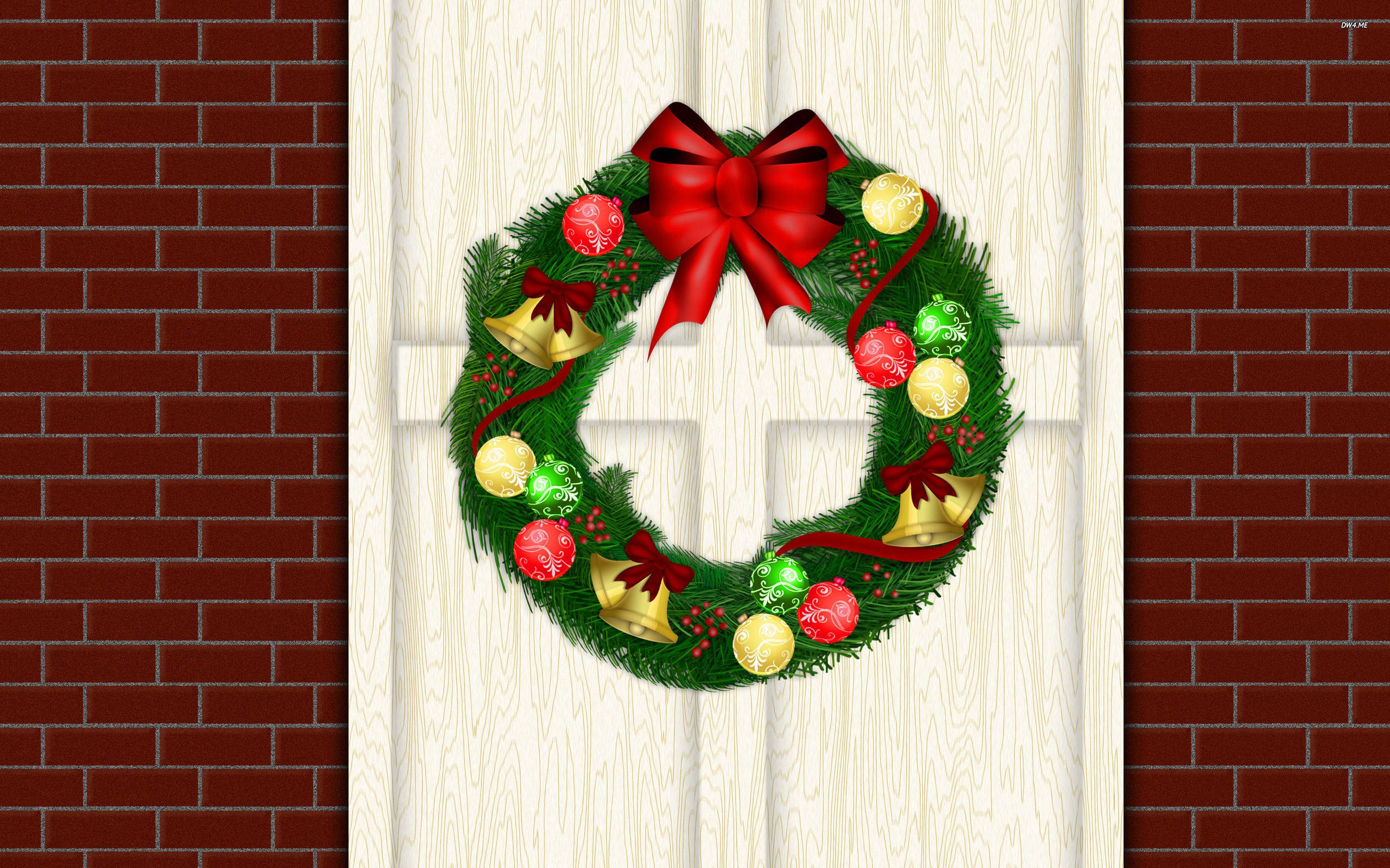 Christmas Wreath, white wooden door, red brick walls, 2K Desktop Wallpaper