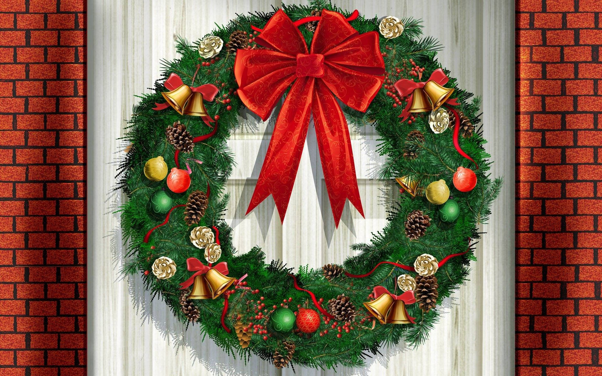 Christmas Wreath, red bow, pinecones, Full HD Desktop Wallpaper