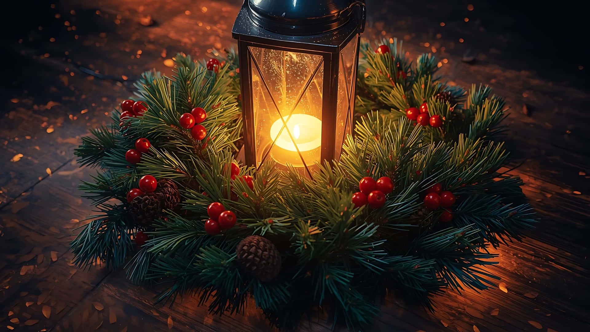 Christmas Wreath, lantern, pine needles, Full HD Desktop Wallpaper