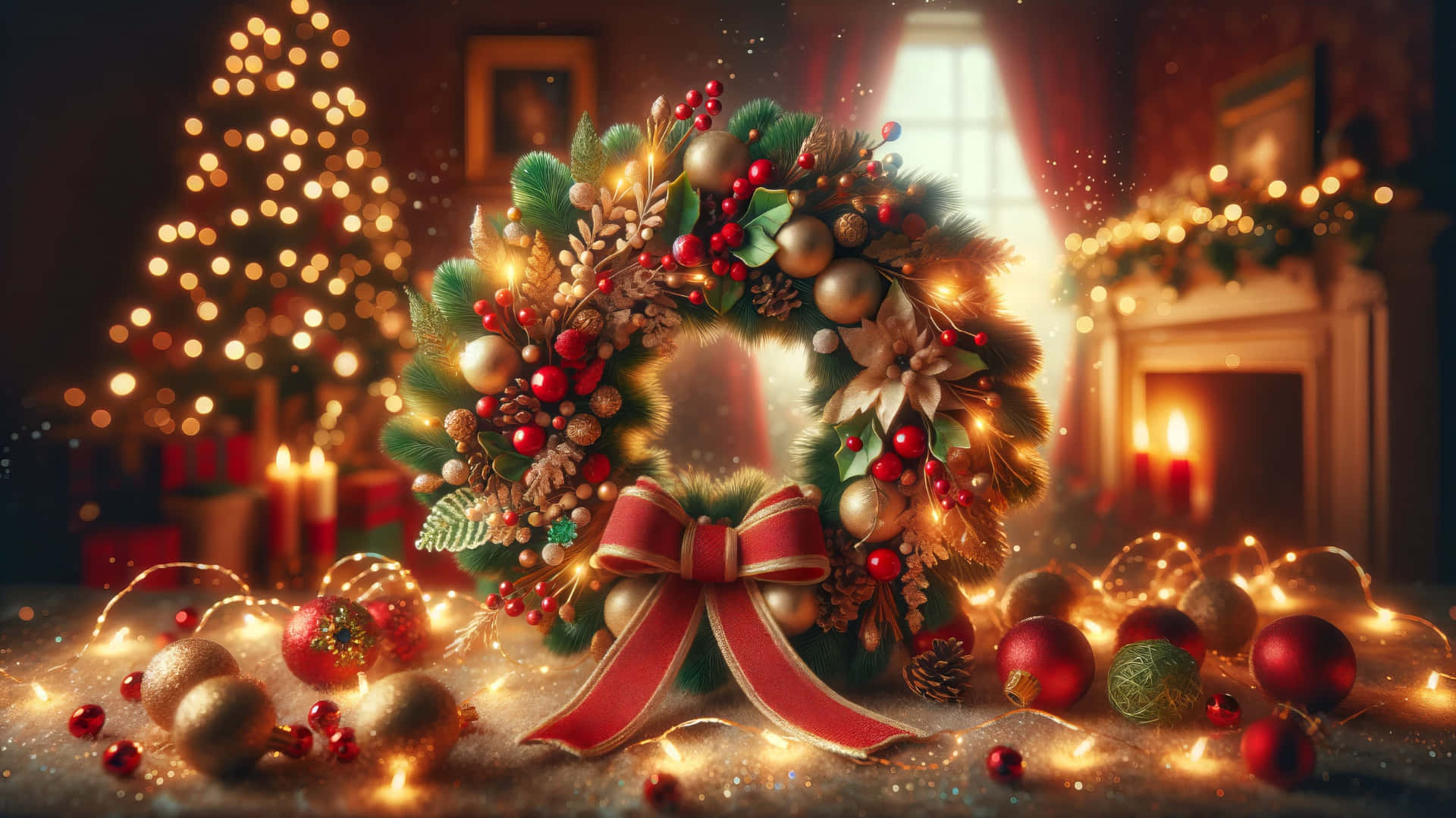 Christmas wreath, red berries, pinecones, Full HD Desktop Wallpaper